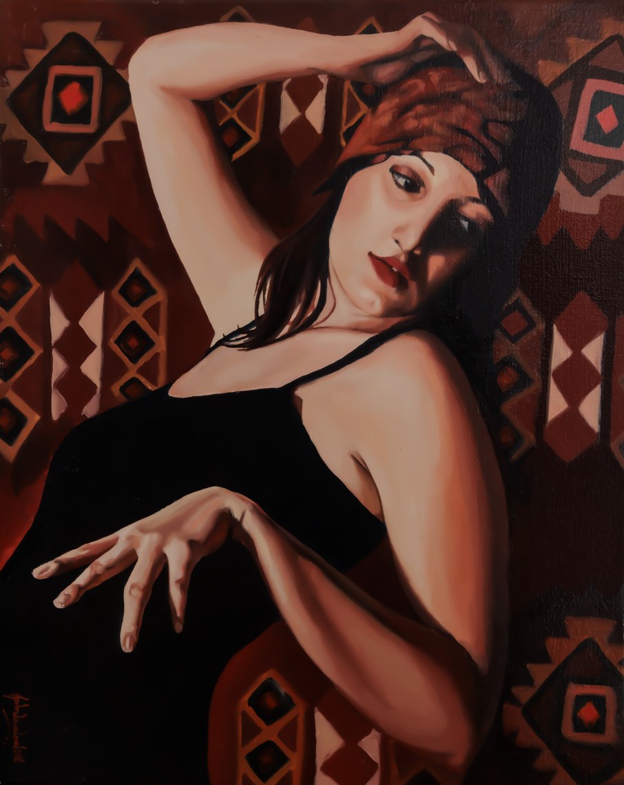 Figurative painting of a woman against richly patterned textiles