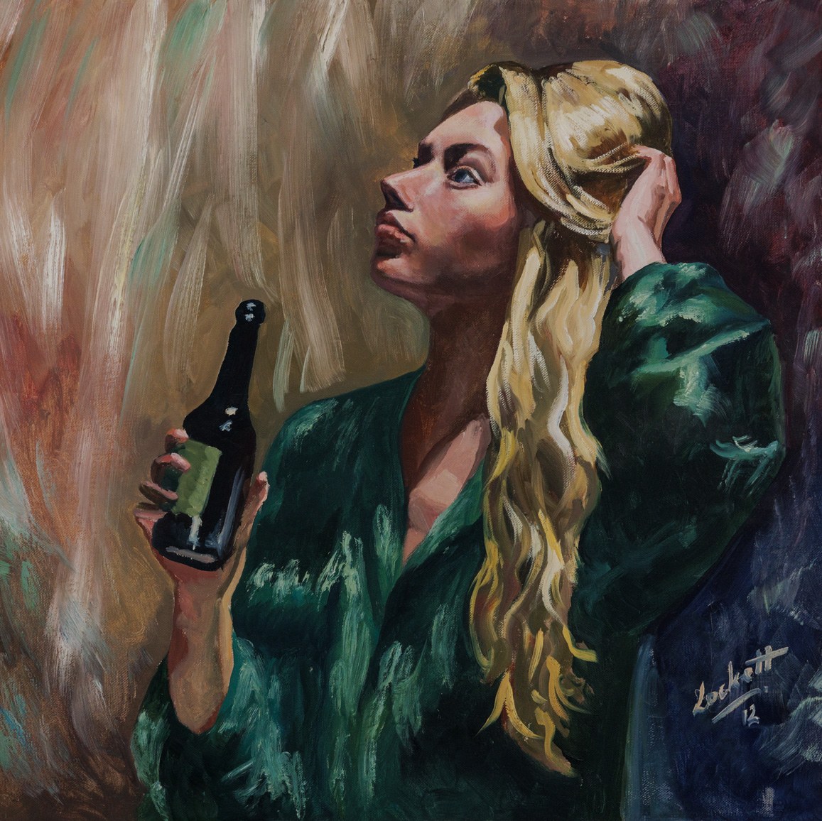 Portrait of a woman in green holding a bottle